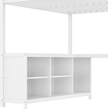 Bellemave Queen loft Bed with L Desk, Wardrobe, Metal Queen Size Loft Bed Frame for Adults, Kids, Teens, White