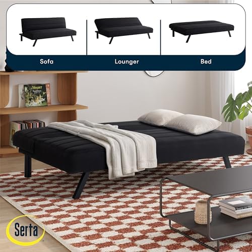 Serta® Damien 66.1” Convertible Futon Sofa, Sofa‑Lounger‑Bed Design, Dreamcoil® Comfort, FingerGuard® Safety, Woven Polyester Fabric, Black