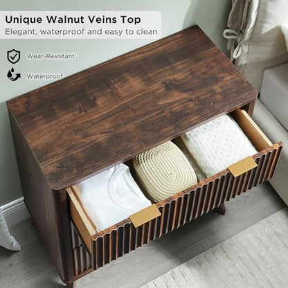 T4TREAM 32" Fluted 3 Drawer Dresser for Bedroom, Dark Walnut