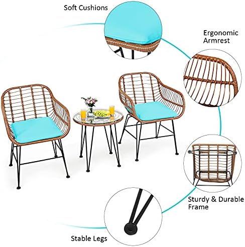 Tangkula 3 Pieces Patio Conversation Bistro Set, Outdoor Wicker Furniture w/Round Tempered Glass Top Table & 2 Rattan Armchairs, Bistro Chat Set w/Seat Cushions for Porch, Backyard, Garden