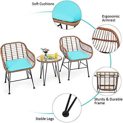 Tangkula 3 Pieces Patio Conversation Bistro Set, Outdoor Wicker Furniture w/Round Tempered Glass Top Table & 2 Rattan Armchairs, Bistro Chat Set w/Seat Cushions for Porch, Backyard, Garden