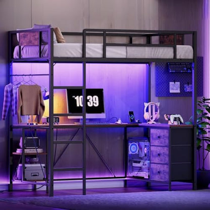 Twin Size Loft Bed with L-Shaped Desk, 3 Storage Drawers, Charging Station, Metal Kids Loft Bed Frame with LED Light & Ladder, Open Storage Shelves, No Box Spring Needed, Rustic Brown & Black
