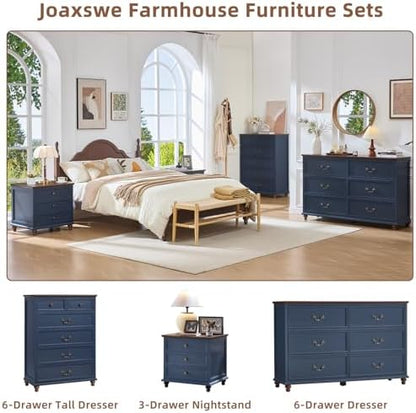 Joaxswe Farmhouse 6 Drawers Dresser for Bedroom, Vintage 54" Wide Chest of Drawers w/ 4 Wooden Legs, Rustic Large Closet Storage Dressers Organizer for Hallway, Wood TV Stand for Living Room, Blue