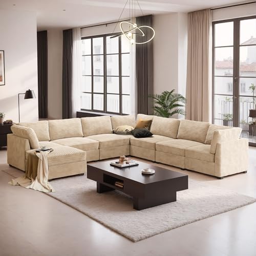 CAODOC 8 Seat Modular Sectional Couch,Corduroy,Convertible U/L-Shaped,Beige