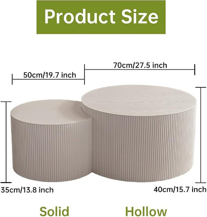 Round Nesting Coffee Table Modern White Fluted Coffee Table Set of 2 Stripe Cream Round Coffee Tables Drum Crescent Side Table Accent End Table for Living Room (White A Large)