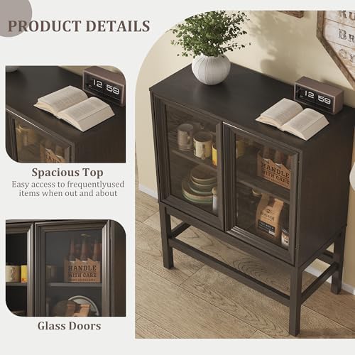 Sideboard Buffet Cabinet with Storage Set of 2, Small Kitchen Coffee Wine Bar Cabinet with Glass Doors, Wood Mid Century Modern Side Board for Living Room, Dark Brown