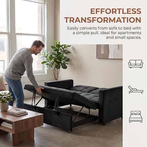 3 in 1 Convertible Sofa Bed, Love Seat Sleeper Bed with Side Pockets, Velvet Fabric Pull Out Couch with Adjustable Backrest for Living Room, Bedroom, Apartment, Black