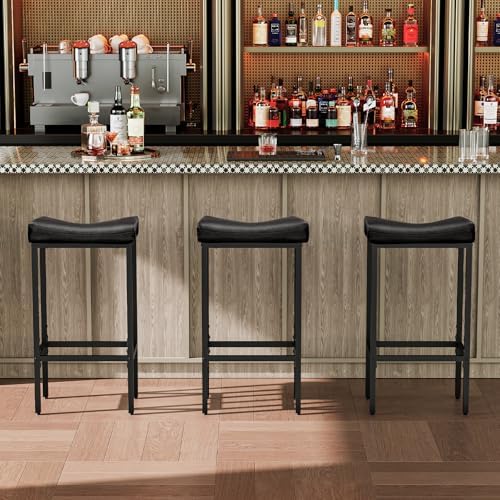 HOOBRO Bar Stools,Set of 3 Bar Chairs, Counter Height Bar Stools, Saddle Stools, Set of 3 Kitchen Stools, 24.8" Barstools, 2.4" Thick Upholstery, for Kitchen, Dining Room, Cafe, Black BB10BYP301