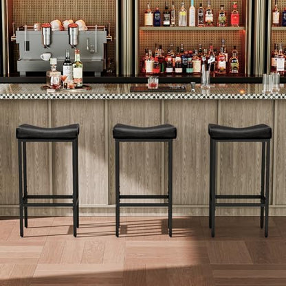 HOOBRO Bar Stools,Set of 3 Bar Chairs, Counter Height Bar Stools, Saddle Stools, Set of 3 Kitchen Stools, 24.8" Barstools, 2.4" Thick Upholstery, for Kitchen, Dining Room, Cafe, Black BB10BYP301