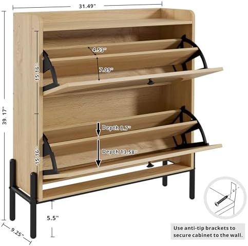 IRONCK Rattan Shoe Cabinet Storage with 2 Flip Drawers, Oak