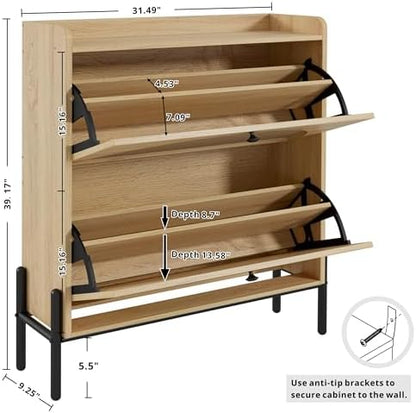 IRONCK Rattan Shoe Cabinet Storage with 2 Flip Drawers, Oak