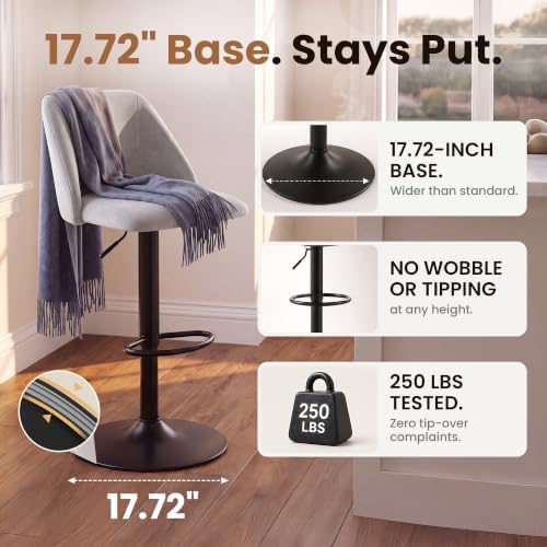 COLAMY Adjustable Upholstered Bar Stools Set of 4,360° Swivel Counter Height Chairs with Soft Cushioned Seat & Stable Metal Base for Kitchen Island,250 LBS Capacity,Easy Assembly,Grey