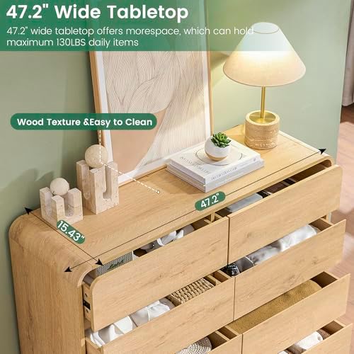 Natural Dresser with 8 Drawers, FarmhouseDresser for Bedroom, Rustic Drawers,Storage Closet, Chest of Drawers Handleless Design,Living Room, Curved Dresser Design 47" Wide