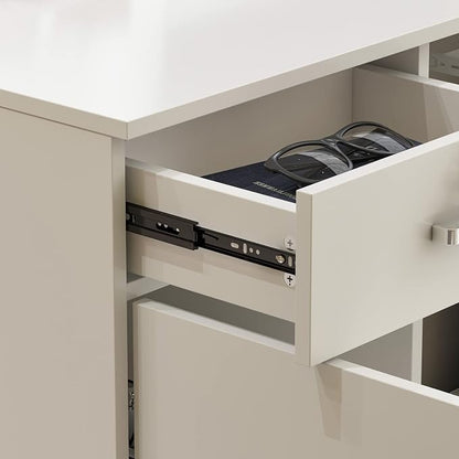 AIEGLE Reception Desk with Hutch, Reception Counter Desk with Lockable Drawers & Shelves, for Salon Recetion Room Retail Counter Checkout Office, White (55.1" W x 43.3" D x 43.3" H)