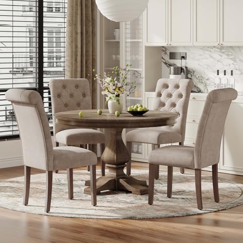 MALOL Upholstered Tufted Dining Room Chairs Set of 6, Parsons Kitchen Chairs with Padded Seat and Solid Wood Legs, Fabric Accent Side Diner Chair for Dining Room/Kitchen/Living Room, Camel