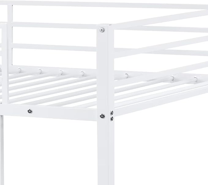 Bunk Bed Twin Over Twin, Metal Bunk Bed Frame, Metal Bunkbeds with Built-in Ladder, High Guardrail and Slats, No Box Spring Needed, Space Saving, Noise Free (White)