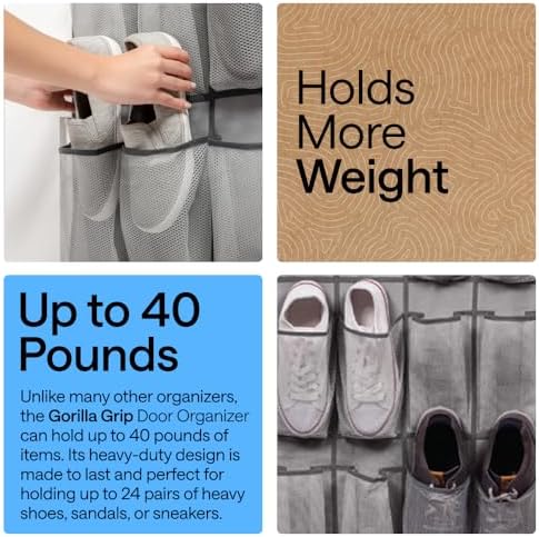 GORILLA GRIP Over the Door Shoe Organizer, 24 Large Pockets, Gray
