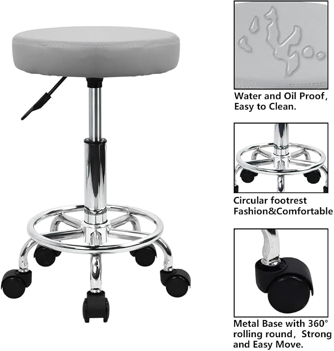 KKTONER PU Leather Round Rolling Stool with Foot Rest Swivel Height Adjustment Spa Drafting Salon Tattoo Work Office Massage Stools Task Chair (Grey)