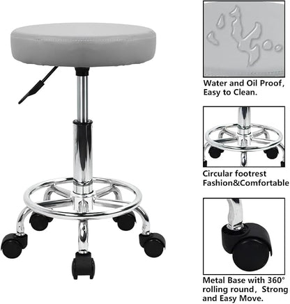 KKTONER PU Leather Round Rolling Stool with Foot Rest Swivel Height Adjustment Spa Drafting Salon Tattoo Work Office Massage Stools Task Chair (Grey)