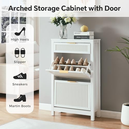 2-Flip Drawer Shoe Cabinet Narrow Entryway Rack, White
