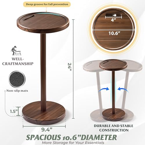 BLUEWEST Small Round Side Table, Drink Table with Phone Slot, 24.4" Walnut