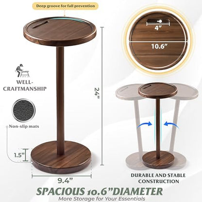 BLUEWEST Small Round Side Table, Drink Table with Phone Slot, 24.4" Walnut