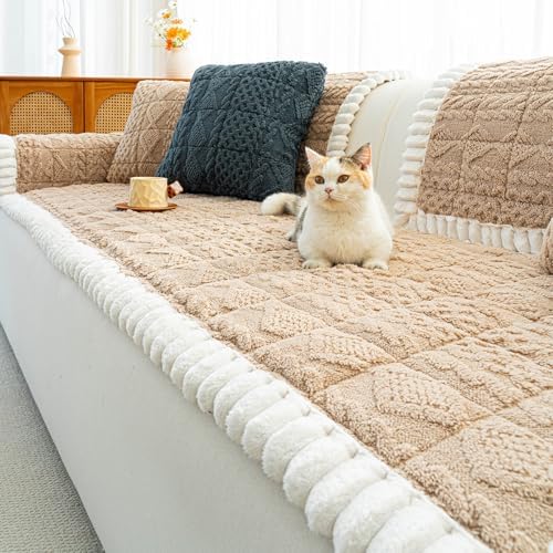 Sofa Pad, Plush Couch Cover Washable for Pet, Non-Slip Warm Couchs Cover, Funny Fuzzy Pet Couch Covers for Sofa, Sofa Slipcovers Furniture Covers for L Shaped(Light tan, 27.5"x 27.5")