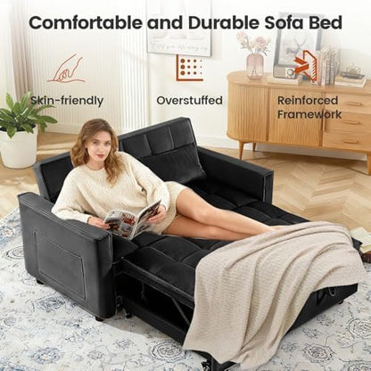 54'' Sleeper Sofa Bed, Convertible Pull Out Couch Futon with Side Pockets, Velvet Loveseat Sofa Bed with Adjustable Backrest, Armrest Pillows for Living Room Dorm Apartment, Black