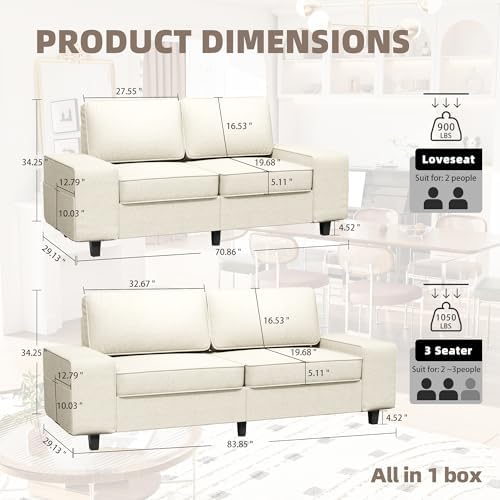 3 Seater Sofa Couch with Deep Seats, 84" Sofa for Living Room, Removable Cover, Chenille Fabric Couches for Living Room, Bedroom, Apartment and Office