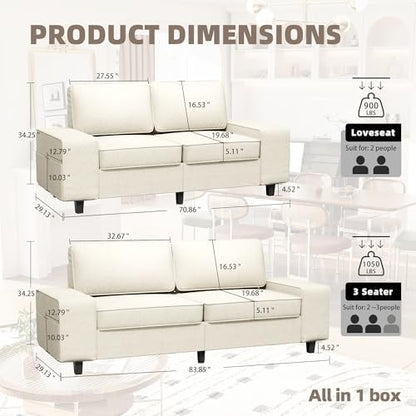 3 Seater Sofa Couch with Deep Seats, 84" Sofa for Living Room, Removable Cover, Chenille Fabric Couches for Living Room, Bedroom, Apartment and Office