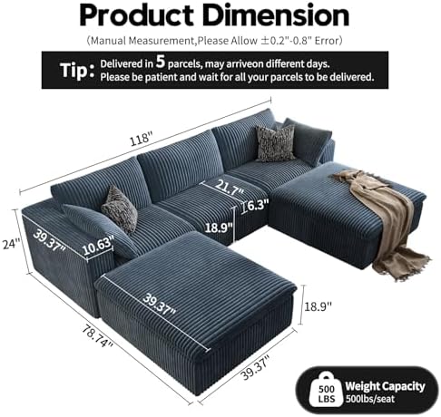118" Cloud Couch Modular Sectional Sofa for Living Room,Modern Sofa with Deep Seat，U-Shape Boneless Couch with 2 Ottoman,Comfy Upholstered Corduroy Couches for Apartment, Studio, Office,Bedroom，Blue