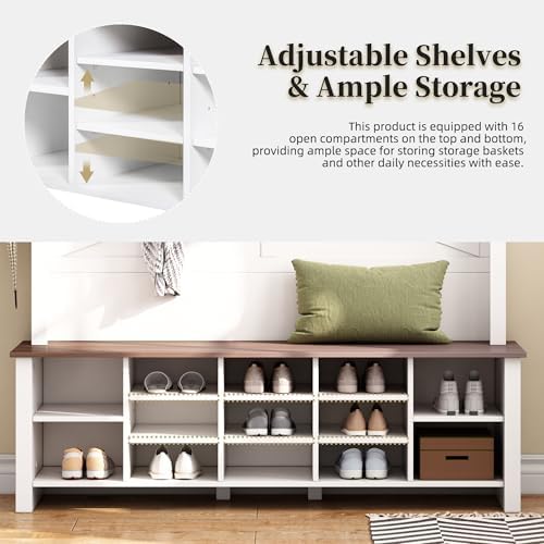 Merax Farmhouse Wood Hall Tree with 6 Hooks and Entryway Shoe Bench, White