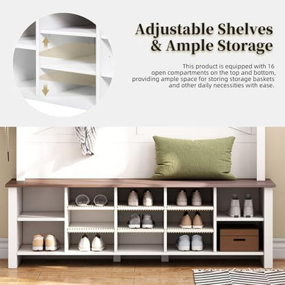 Merax Farmhouse Wood Hall Tree with 6 Hooks and Entryway Shoe Bench, White