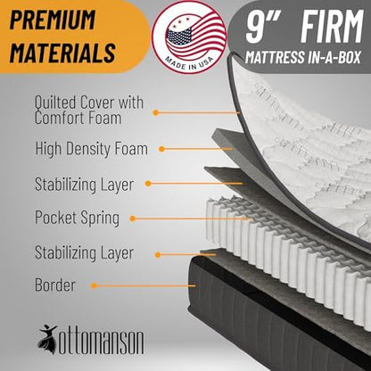 Ottomanson 9 Inch Full Size Mattress, Firm Hybrid Mattress in a Box