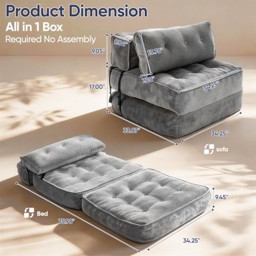 2 in 1 Folding Sofa Bed, Convertible Single Sleeper Chair with Back Support & Pillow, Multifunctional Fold Out Chair Bed for Small Space Living Room Bedroom Guest Office (Grey)