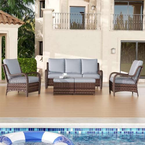 5 Piece Wicker Patio Furniture Set, Rattan Patio Chairs with High Back, Deep Seating, Wide Armrest, Thickened Cushions, Outdoor Furniture for Deck, Porch Use, Dark Grey
