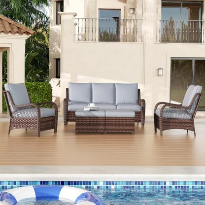 5 Piece Wicker Patio Furniture Set, Rattan Patio Chairs with High Back, Deep Seating, Wide Armrest, Thickened Cushions, Outdoor Furniture for Deck, Porch Use, Dark Grey