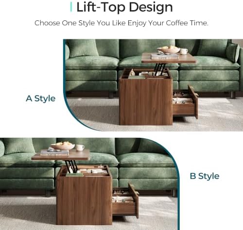 LINSY Lift Top Coffee Table with Hidden Storage, Adjustable Shelf, Walnut | Modern Farmhouse Wood Coffee Table for Living Room with Metal Handles, Fluted Design