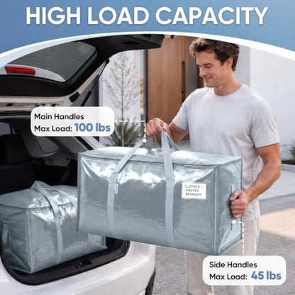 TICONN 4 Pack Extra Large Moving Bags Heavy Duty with Zippers & Carrying Handles, Durable Storage Bags Moving Boxes for Closet Organizers and Storage (4 Pack, Light Grey)