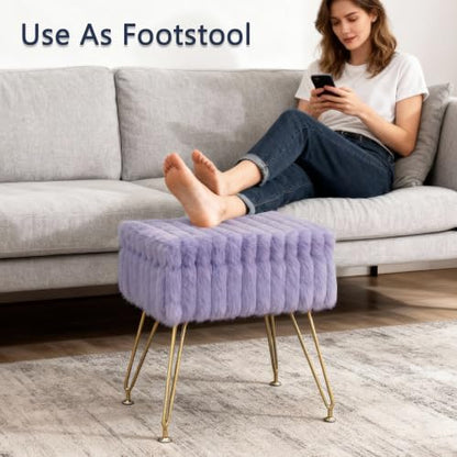 Vanity Stool Chair with Storage, Faux Fur Soft Padded Ottoman with Coffee Table, Modern Vanity Chair Fluffy Footstool with Metal Legs for Makeup, Living Room, Bedroom Purple