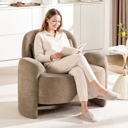 Accent Chair for Living Room, Modern Chenille Fabric Lounge Reading Sofa Chair with Lumbar Pillow, Upholstered Arm Chairs for Bedroom, Office, Brown