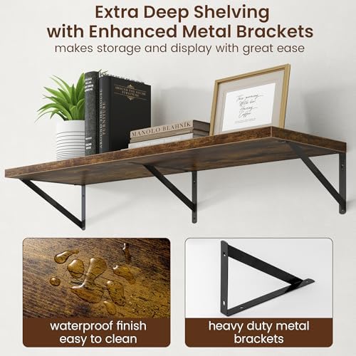 Deep Floating Shelves - 40 Inch Floating Shelves Set of 2-12 Inch Deep Brown Wood Wall Shelves for Living Room Bathroom Kitchen