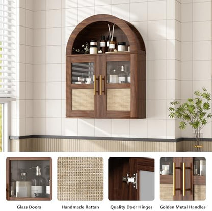 RUSTOWN Arched Bathroom Wall Cabinet with 2 Glass & Rattan Doors