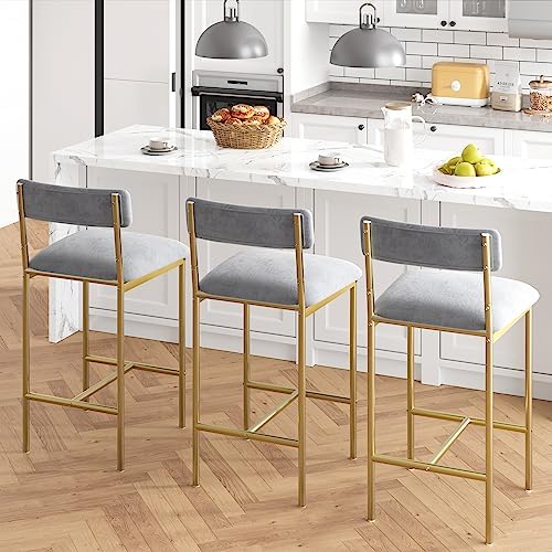 Elegant Bar Stools Set of 2 – Gold & Velvet Gray Upholstered Chairs with Backrest and Footrest – 25.5" Counter Height – Metal Frame – Ideal for Kitchen Island, Dining Room – Two-Pack Bar Chairs