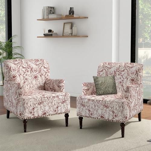 Rococo Accent Chairs Set of 2, Fabric Upholstered Armchair, Orange