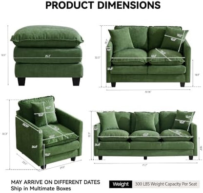 72'' Cloud 3 Seater Couch with 2 Ottomans, U Shaped Sofa with 3 Throw Pillows, Modern Sectional Couches with Deep Seat, Modular Sofas for Living Room, Bedroom, Small Apartment, Dark Green