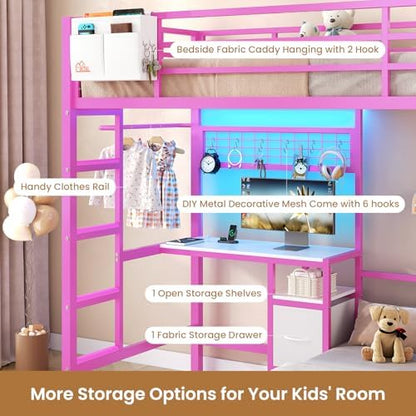 DICTAC Bunk Bed Twin Over Twin with Desk,Led Lights,Charging Station,Pink