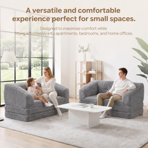 Boneless Loveseat Futon Sofa Bed,Small Boneless Couch with Pull Out Handle,Convertible Sleeper Chair Folding Floor Couch for Living Room, Guest Room,Bedroom,Grey
