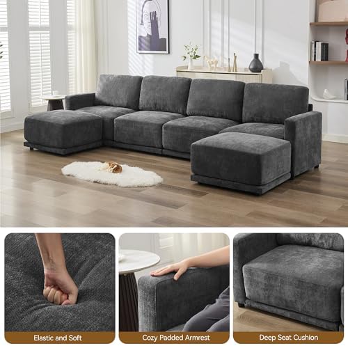 Modular Sectional Couch, 44.2" Chenille Single Sofa with Ottoman, Grey
