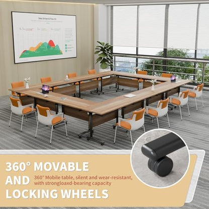 Folding Conference Table, Conference Room Tables with Wheels Foldable Large Rectangle Meeting Seminar Table for 6-12 People, Flip Top Mobile Training Table for Office Classr (4, Walnut 3, 55.1in)